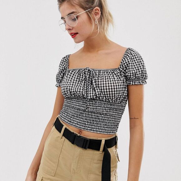 Bershka Tops - Bershka Gingham Cropped Top Black